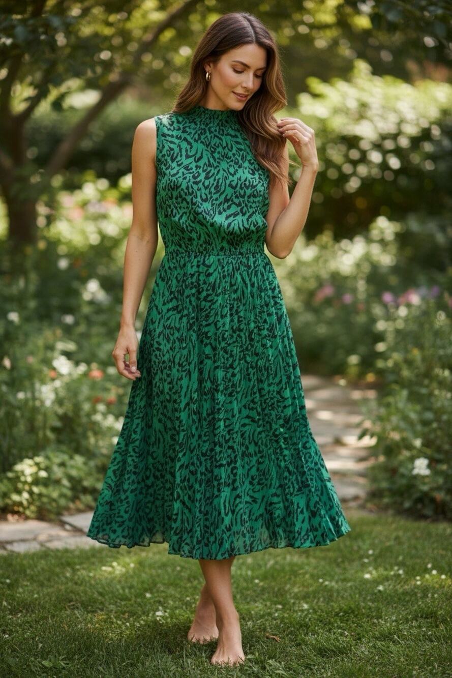 Banana Republic Women's Green Leopard Print Pleated Midi Dress Size L Mock Neck